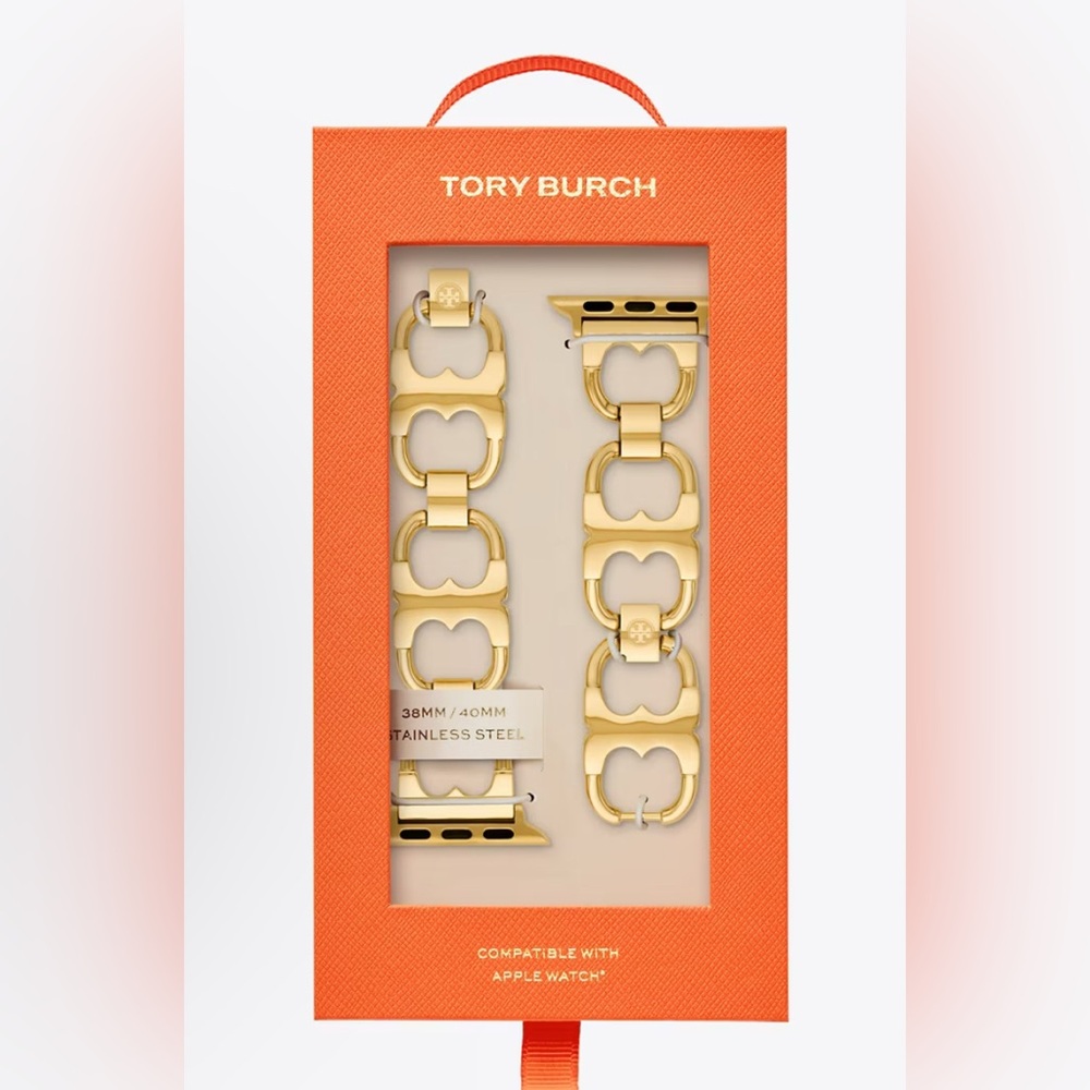 TORY BURCH DOUBLE T LINK BAND FOR APPLE WATCH®, GOLD-TONE STAINLESS STEEL